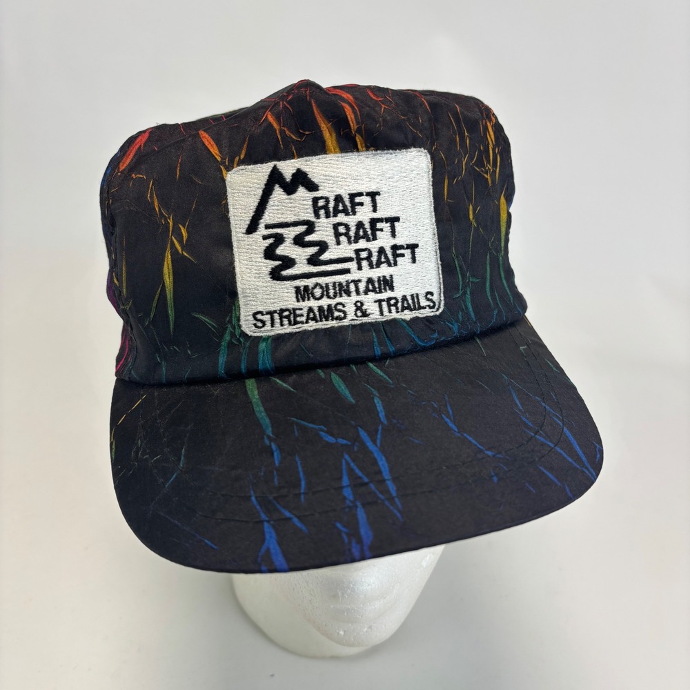Cash's Usa Raft Raft Raft Hat Black Rainbow Mountains Streams Trails Patch Vtg